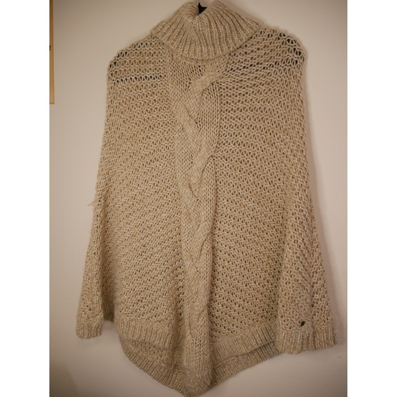 Eddie Bauer Women Beige Cable Knit Turtleneck Poncho Sweater Wool Blend ML - Picture 3 of 10
